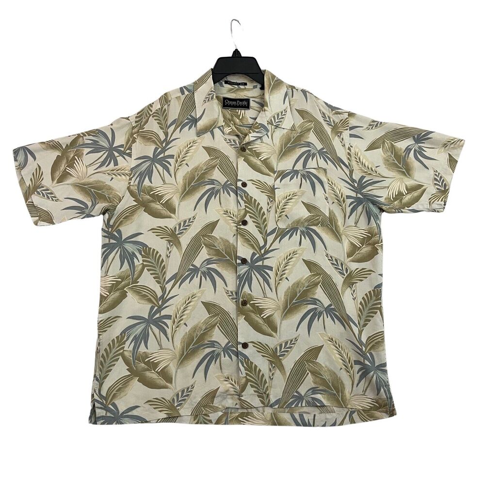 Ocean Pacific Silk Shirt Mens Large Tan Floral Short Sleeve Button Up Hawaiian